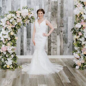 Plunging V-Neck Mermaid Wedding Dress with Illusion Lace Train & Buttons